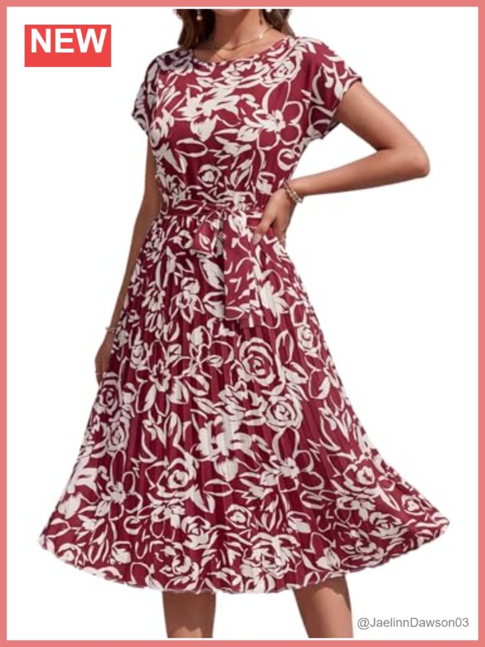 Women's Short Sleeve Floral Print Midi Dress Pleated A-Line